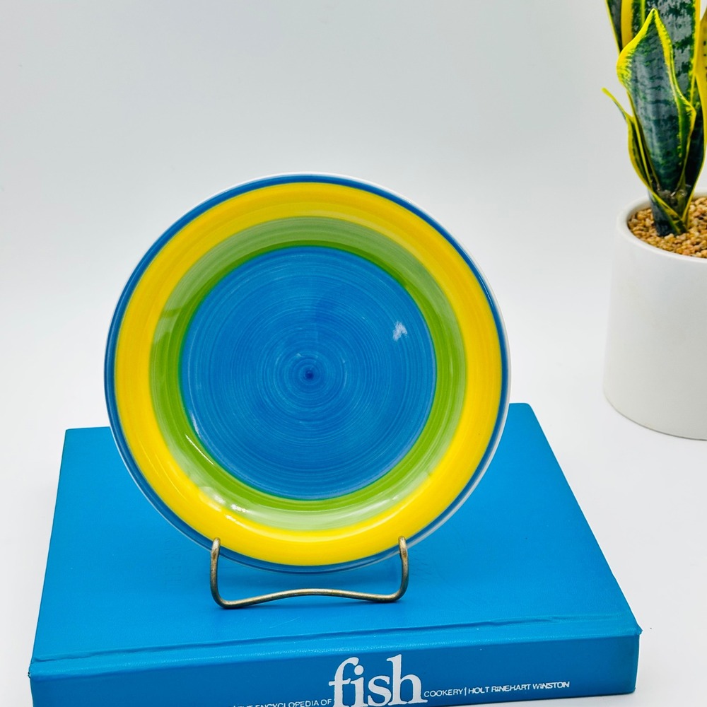 Trisa Hand Painted Stoneware Salad Plate Blue Green Yellow Concentric Stripes